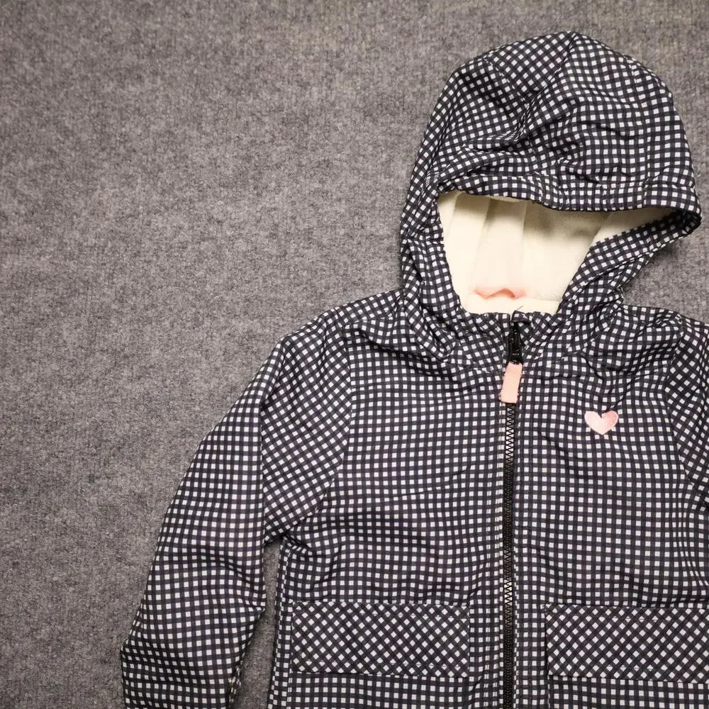 OshKosh B'gosh Jacket Toddler Girls 2T Blue Gingham Hooded Fleece Lined Raincoat